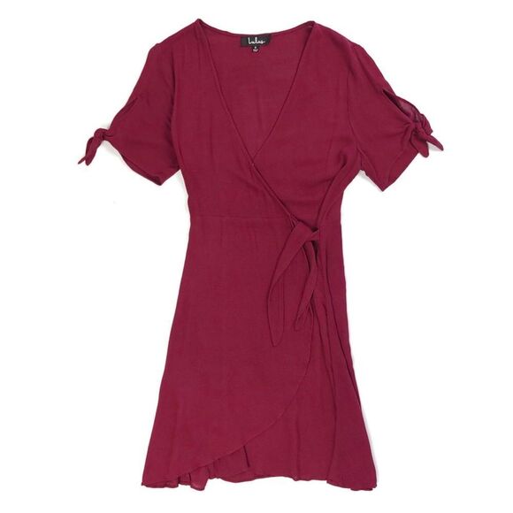 LULUS My Philosophy Burgundy Real Wrap Dress Mini Tie Short Sleeve Womens Small - Picture 1 of 8